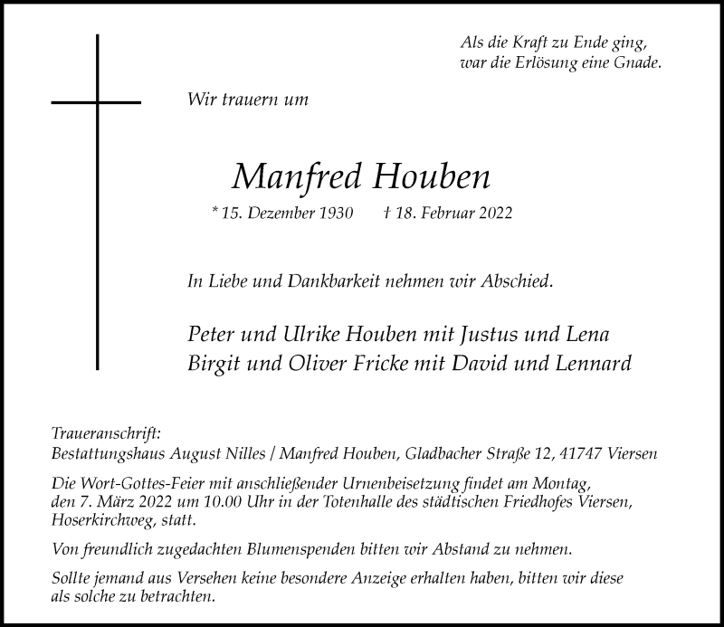  Traueranzeige für Manfred Houben vom 26.02.2022 aus Rheinische Post