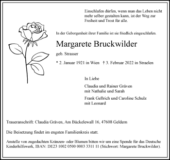 Traueranzeige von Margarete Bruckwilder von Rheinische Post
