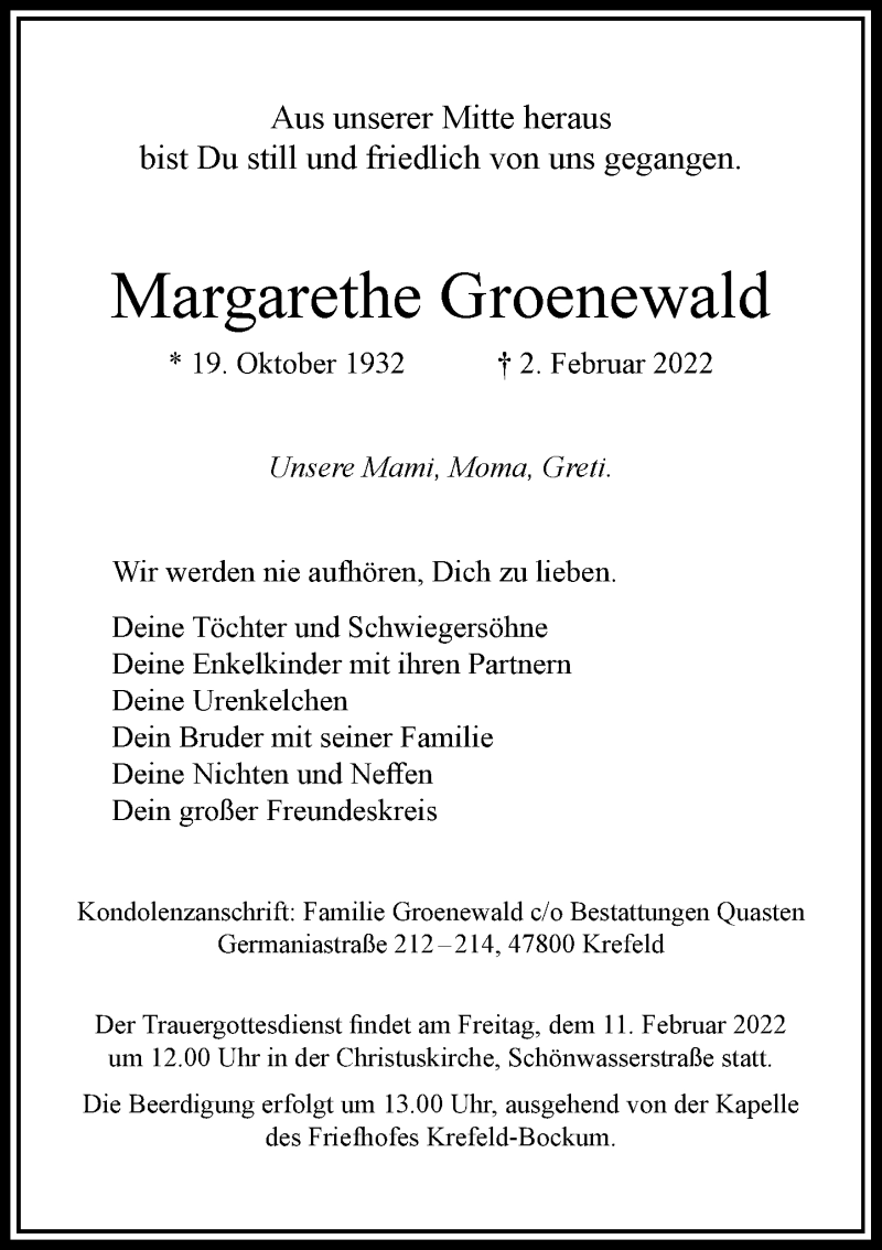  Traueranzeige für Margarethe Groenewald vom 05.02.2022 aus Rheinische Post