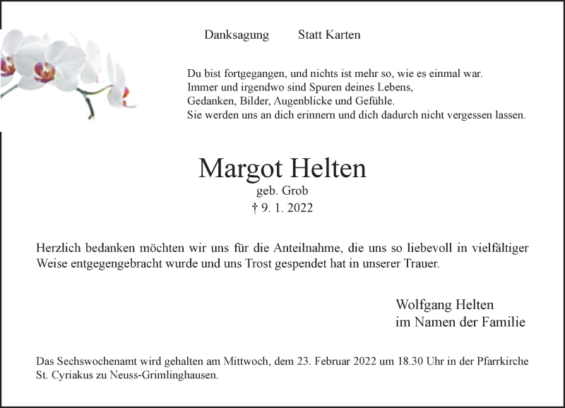  Traueranzeige für Margot Helten vom 19.02.2022 aus Rheinische Post
