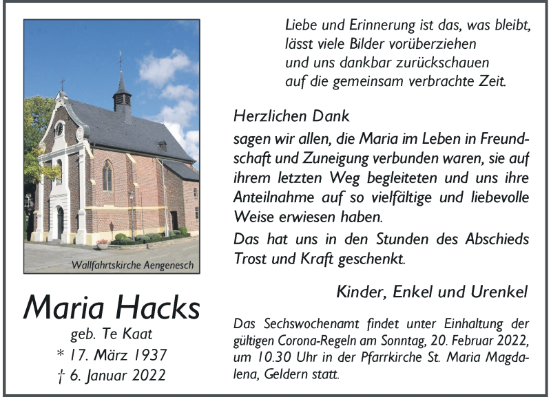  Traueranzeige für Maria Hacks vom 12.02.2022 aus Rheinische Post