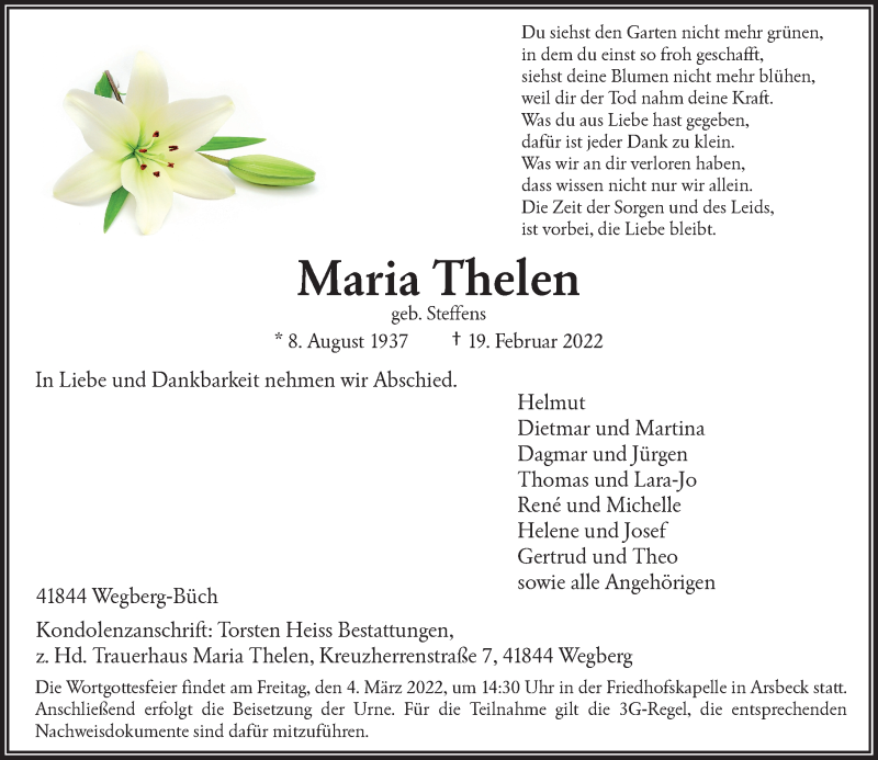  Traueranzeige für Maria Thelen vom 26.02.2022 aus Rheinische Post
