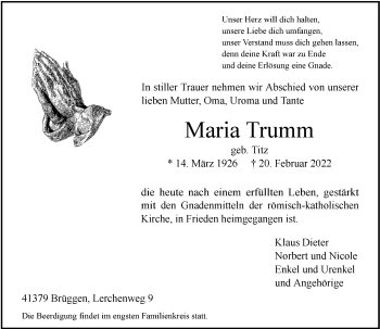 Traueranzeige von Maria Trumm von Rheinische Post