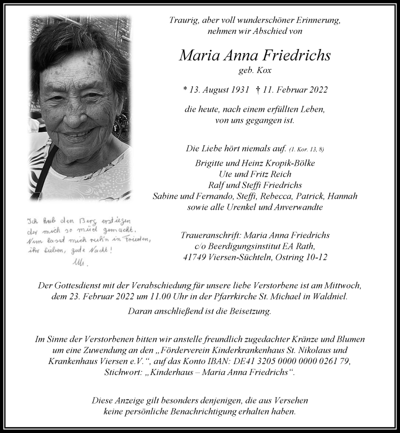  Traueranzeige für Maria Anna Friedrichs vom 19.02.2022 aus Rheinische Post