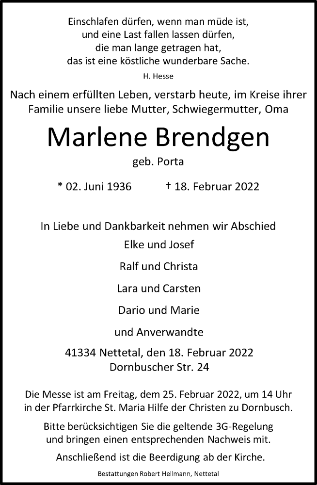  Traueranzeige für Marlene Brendgen vom 23.02.2022 aus Rheinische Post