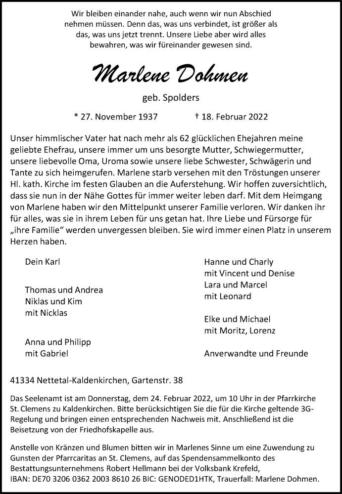  Traueranzeige für Marlene Dohmen vom 22.02.2022 aus Rheinische Post