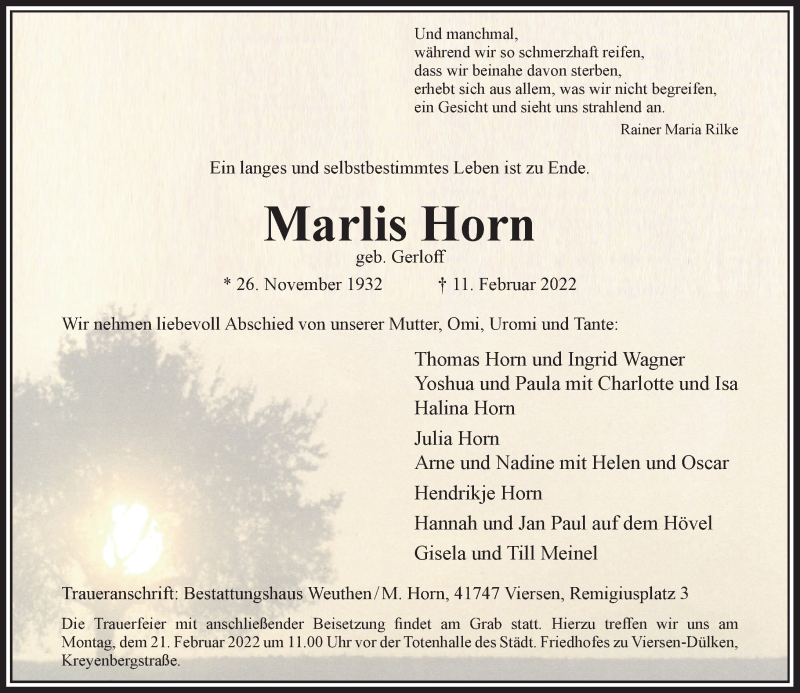  Traueranzeige für Marlis Horn vom 19.02.2022 aus Rheinische Post