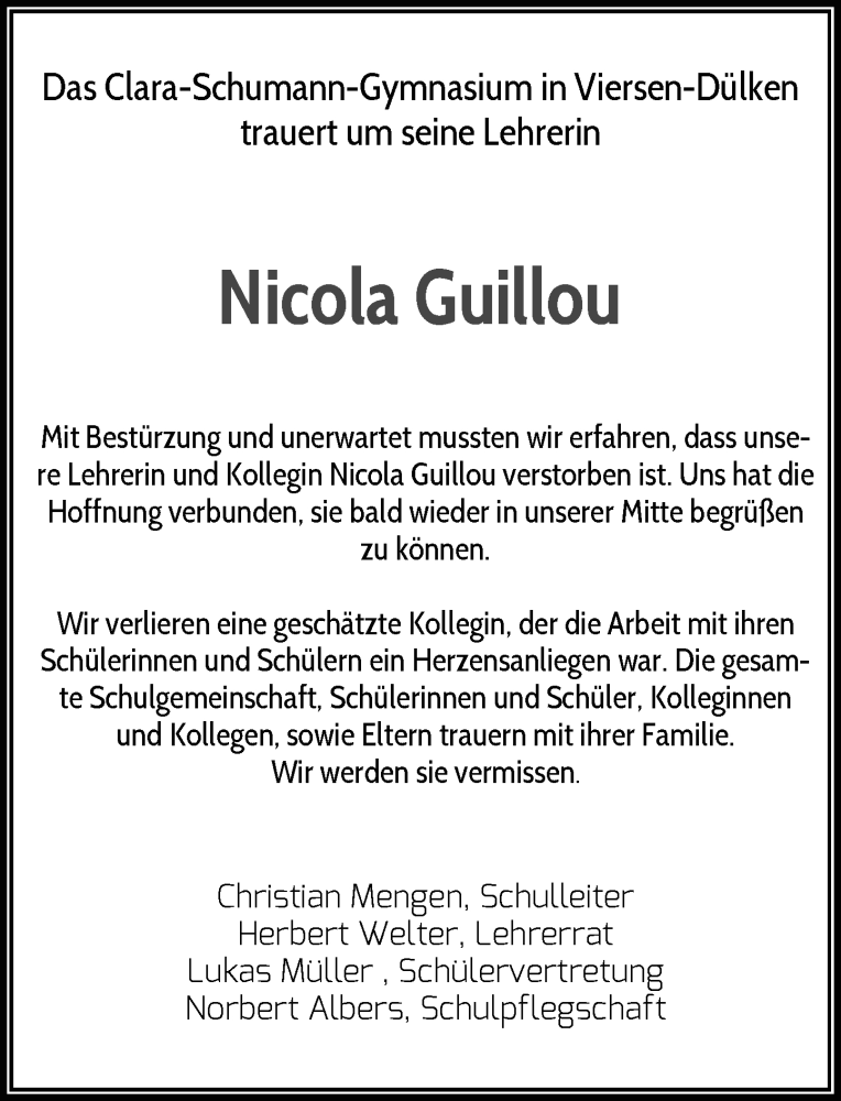  Traueranzeige für Nicola Guillou vom 26.02.2022 aus Rheinische Post