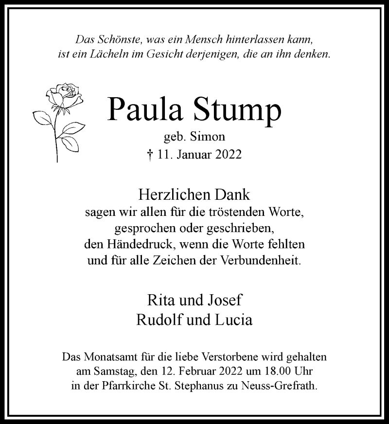  Traueranzeige für Paula Stump vom 05.02.2022 aus Rheinische Post