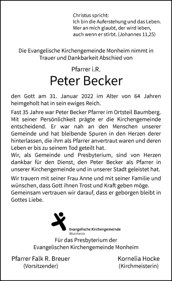 Traueranzeige von Peter Becker von Rheinische Post