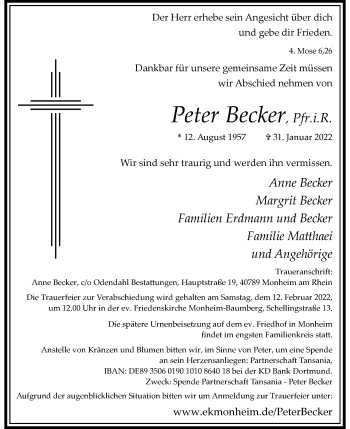 Traueranzeige von Peter Becker von Rheinische Post