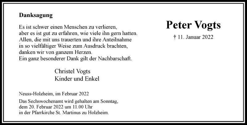  Traueranzeige für Peter Vogts vom 05.02.2022 aus Rheinische Post