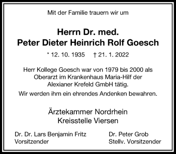 Traueranzeige von Peter Dieter Heinrich Rolf  Goesch von Rheinische Post