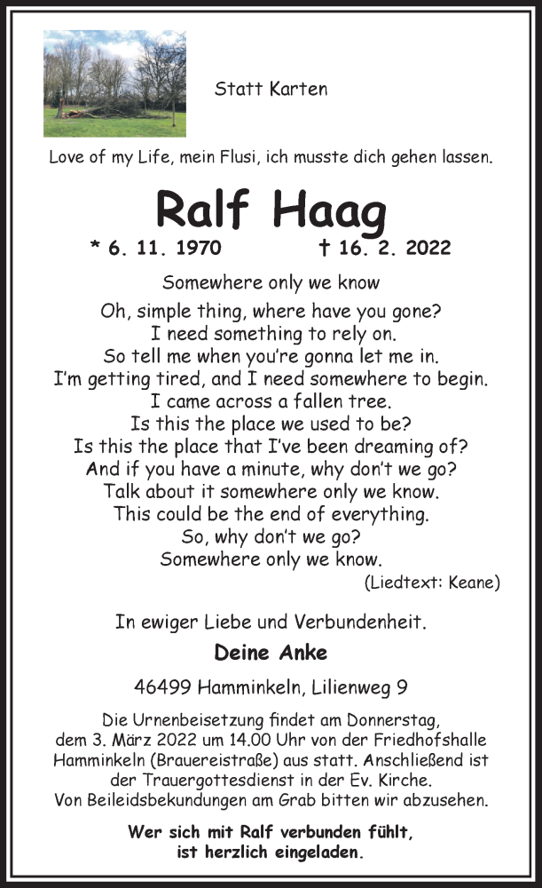  Traueranzeige für Ralf Haag vom 23.02.2022 aus Rheinische Post