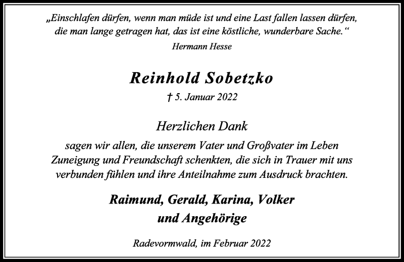  Traueranzeige für Reinhold Sobetzko vom 12.02.2022 aus Rheinische Post