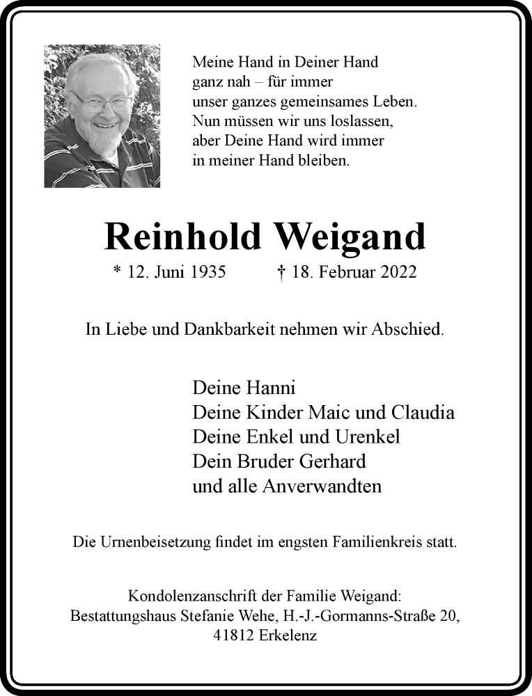  Traueranzeige für Reinhold Weigand vom 26.02.2022 aus Rheinische Post
