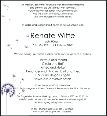 Traueranzeige von Renate Witte von Rheinische Post