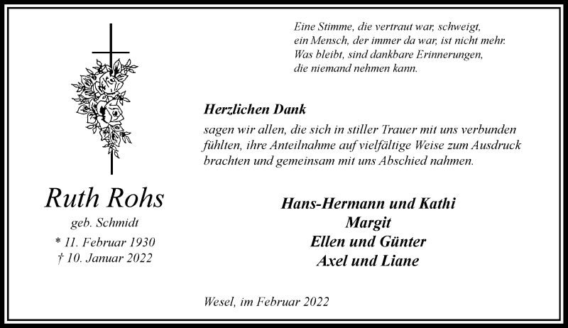  Traueranzeige für Ruth Rohs vom 18.02.2022 aus Rheinische Post