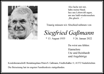 Traueranzeige von Siegfried Gaßmann von Rheinische Post