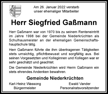Traueranzeige von Siegfried Gaßmann von Rheinische Post