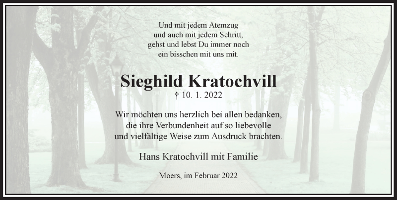  Traueranzeige für Sieghild Kratochvill vom 05.02.2022 aus Rheinische Post