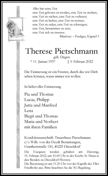 Traueranzeige von Therese Pietschmann von Rheinische Post