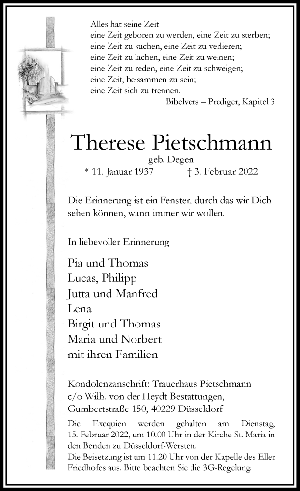  Traueranzeige für Therese Pietschmann vom 12.02.2022 aus Rheinische Post