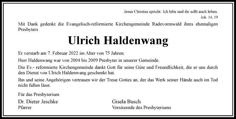  Traueranzeige für Ulrich Haldenwang vom 12.02.2022 aus Rheinische Post