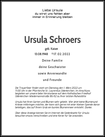 Traueranzeige von Ursula Schroers von Rheinische Post