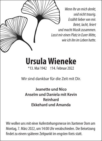 Traueranzeige von Ursula Wieneke von Rheinische Post