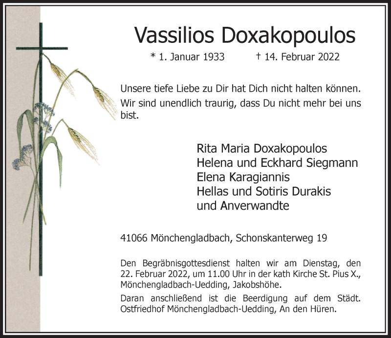  Traueranzeige für Vassilios Doxakopoulos vom 19.02.2022 aus Rheinische Post