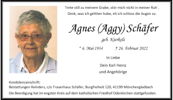 Traueranzeige von Agnes Schäfer von Rheinische Post