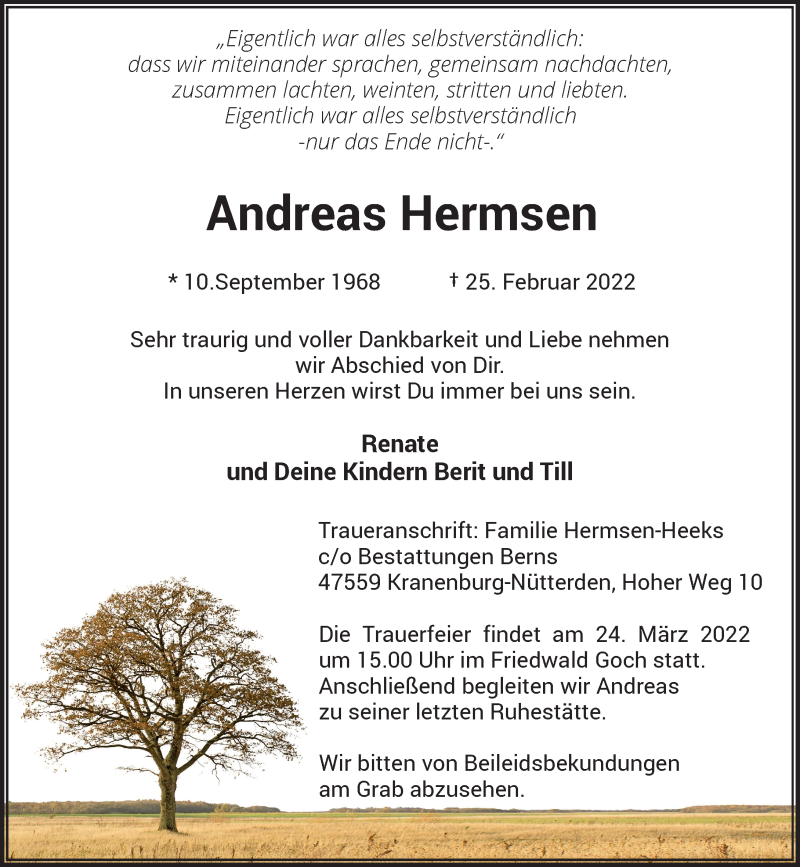  Traueranzeige für Andreas Hermsen vom 12.03.2022 aus Rheinische Post