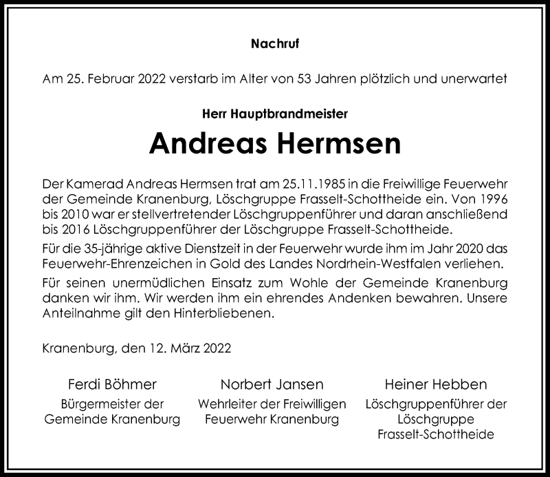  Traueranzeige für Andreas Hermsen vom 15.03.2022 aus Rheinische Post