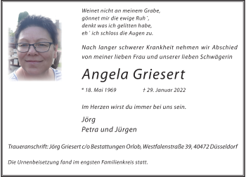 Traueranzeige von Angela Griesert von Rheinische Post