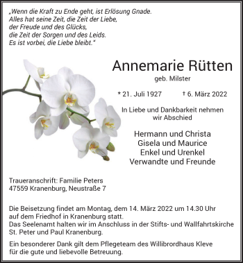 Traueranzeige von Annemarie Rütten von Rheinische Post