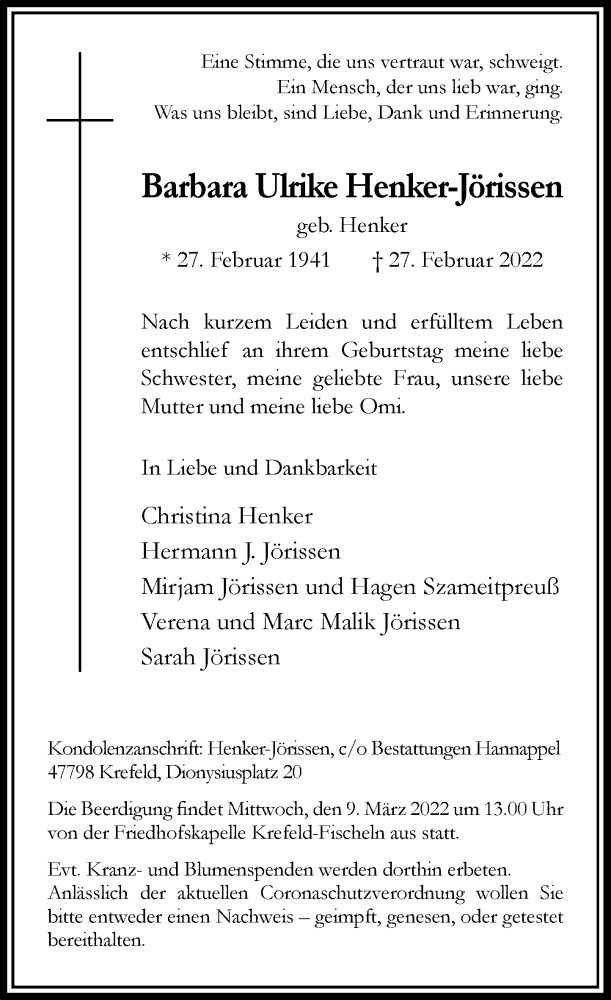  Traueranzeige für Barbara Ulrike Henker-Jörissen vom 05.03.2022 aus Rheinische Post