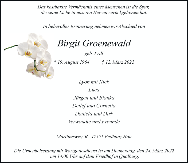  Traueranzeige für Birgit Groenewald vom 23.03.2022 aus Rheinische Post
