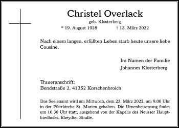 Traueranzeige von Christel Overlack von Rheinische Post