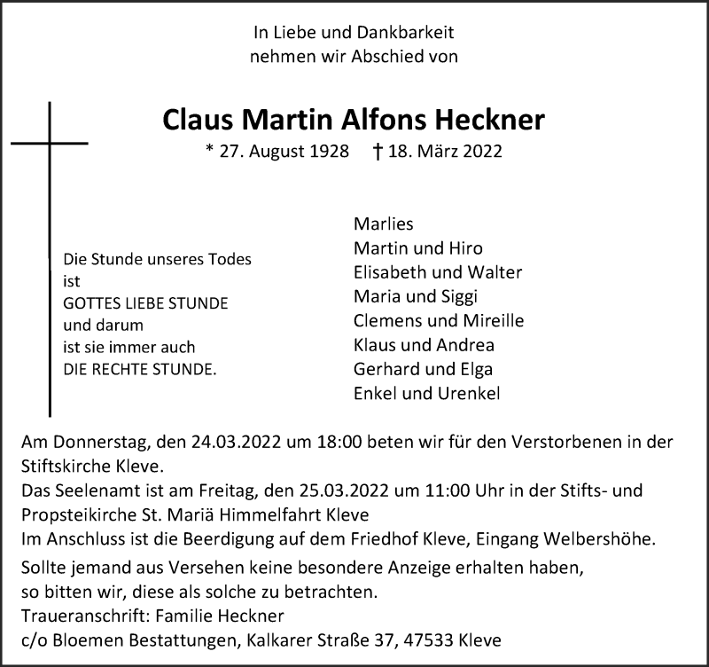  Traueranzeige für Claus Martin Alfons Heckner vom 22.03.2022 aus Rheinische Post
