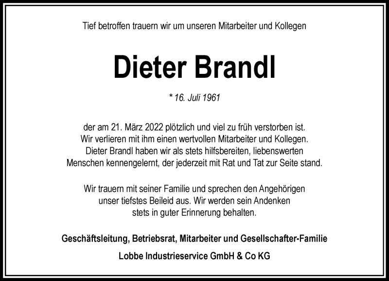  Traueranzeige für Dieter Brandl vom 31.03.2022 aus Rheinische Post