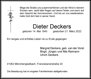 Traueranzeige von Dieter Deckers von Rheinische Post