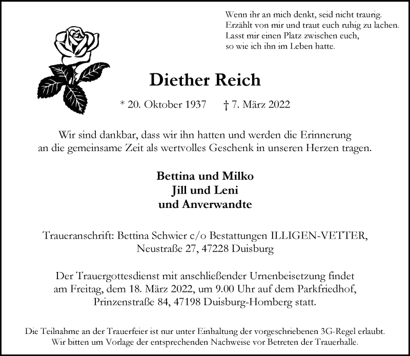  Traueranzeige für Diether Reich vom 12.03.2022 aus Rheinische Post