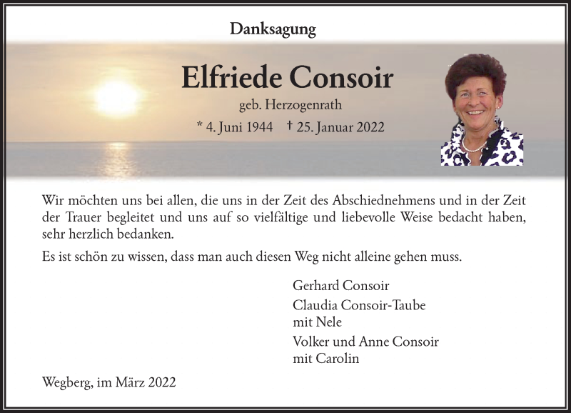  Traueranzeige für Elfriede Consoir vom 19.03.2022 aus Rheinische Post