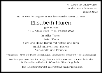 Traueranzeige von Elisabeth Hüren von Rheinische Post