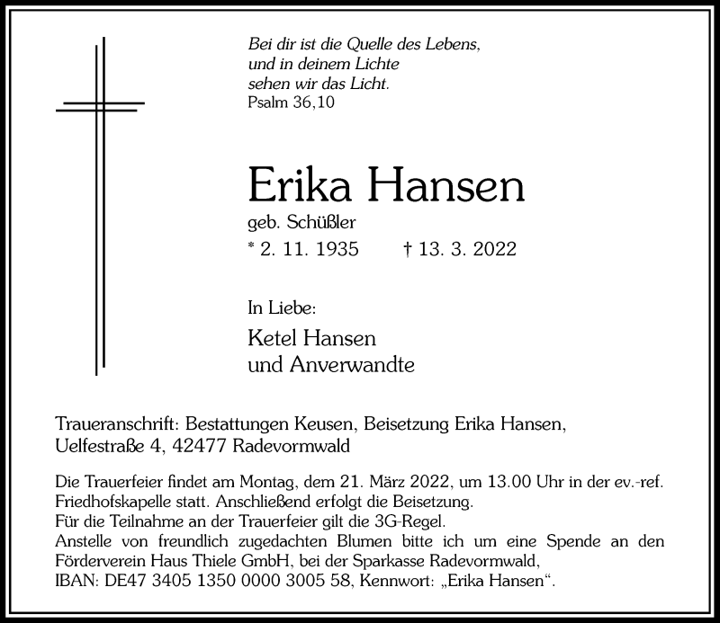  Traueranzeige für Erika Hansen vom 19.03.2022 aus Rheinische Post