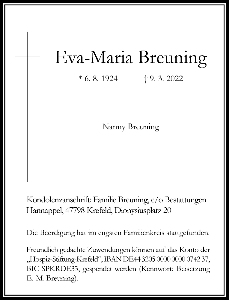  Traueranzeige für Eva-Maria Breuning vom 26.03.2022 aus Rheinische Post