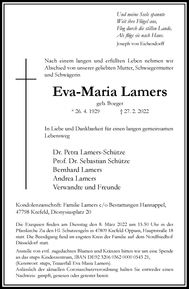  Traueranzeige für Eva-Maria Lamers vom 05.03.2022 aus Rheinische Post