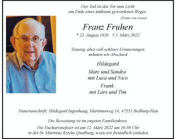 Traueranzeige von Franz Fruhen von Rheinische Post