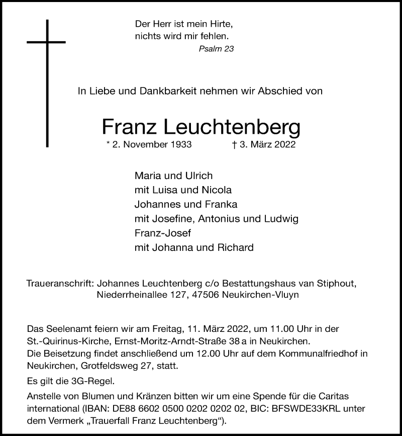  Traueranzeige für Franz Leuchtenberg vom 05.03.2022 aus Rheinische Post